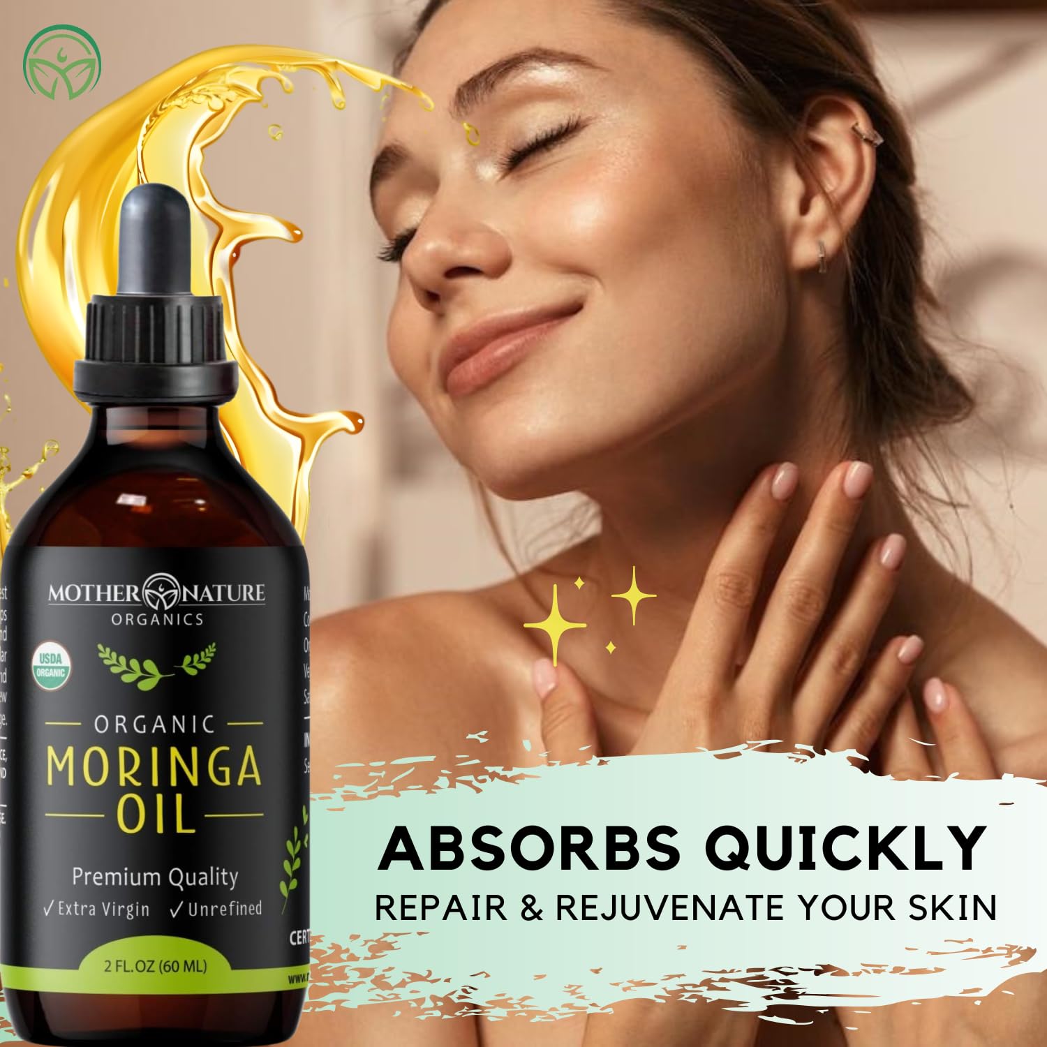 Mother Nature Organics Moringa Oil — USDA Organic, 100% Pure Cold-Pressed (2oz), Non-GMO & Vegan