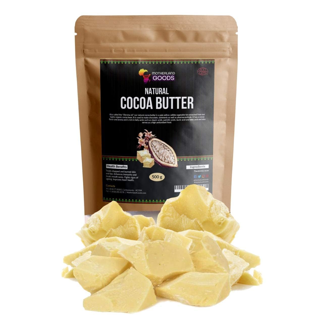 Motherland Goods Natural Cocoa Butter Chunks – Organic Raw Unrefined Moisturizer from Ghana (4 Oz)