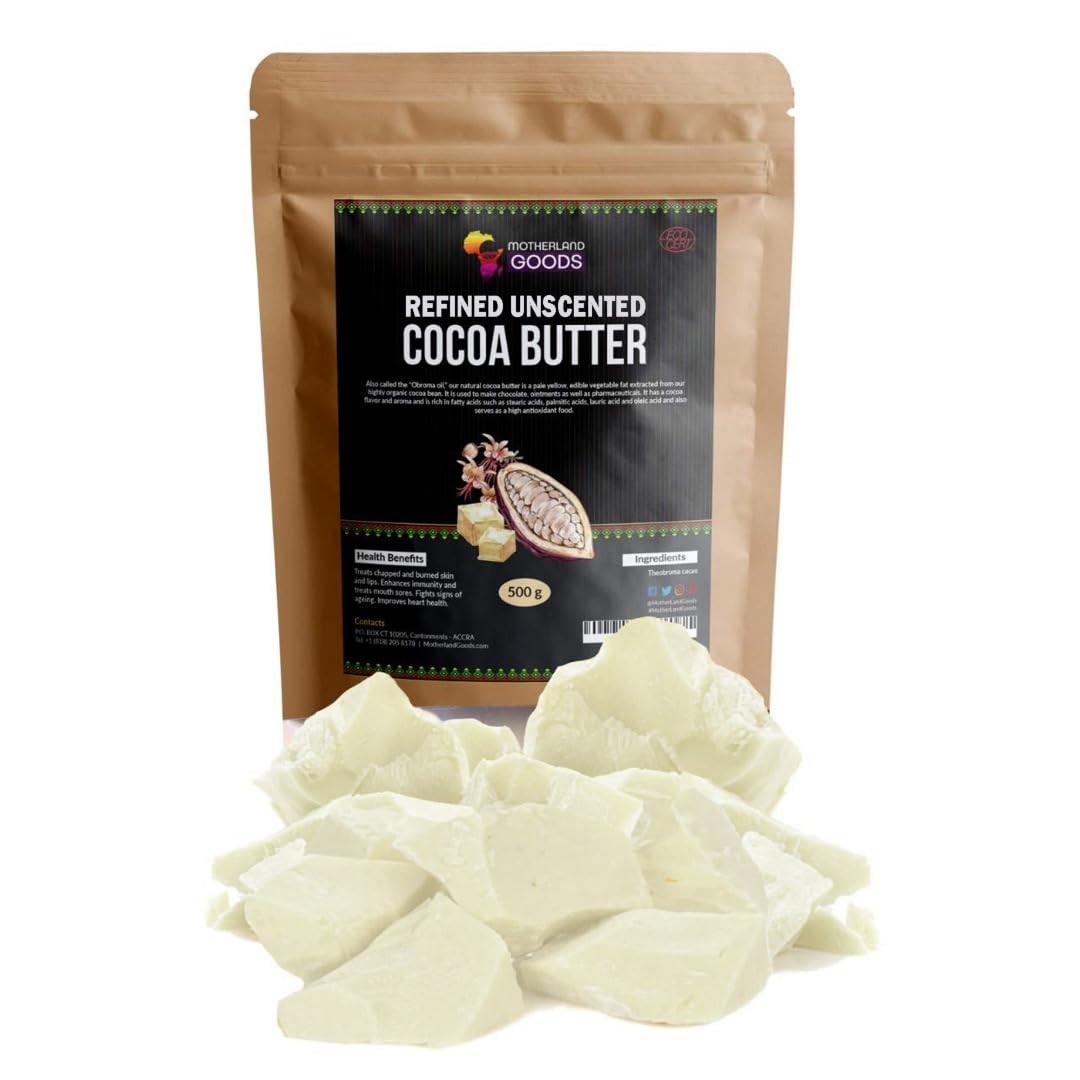Motherland Goods Refined Cocoa Butter Chunks – Unscented Organic Ghana Cocoa Butter for DIY Skincare (3 Lbs)