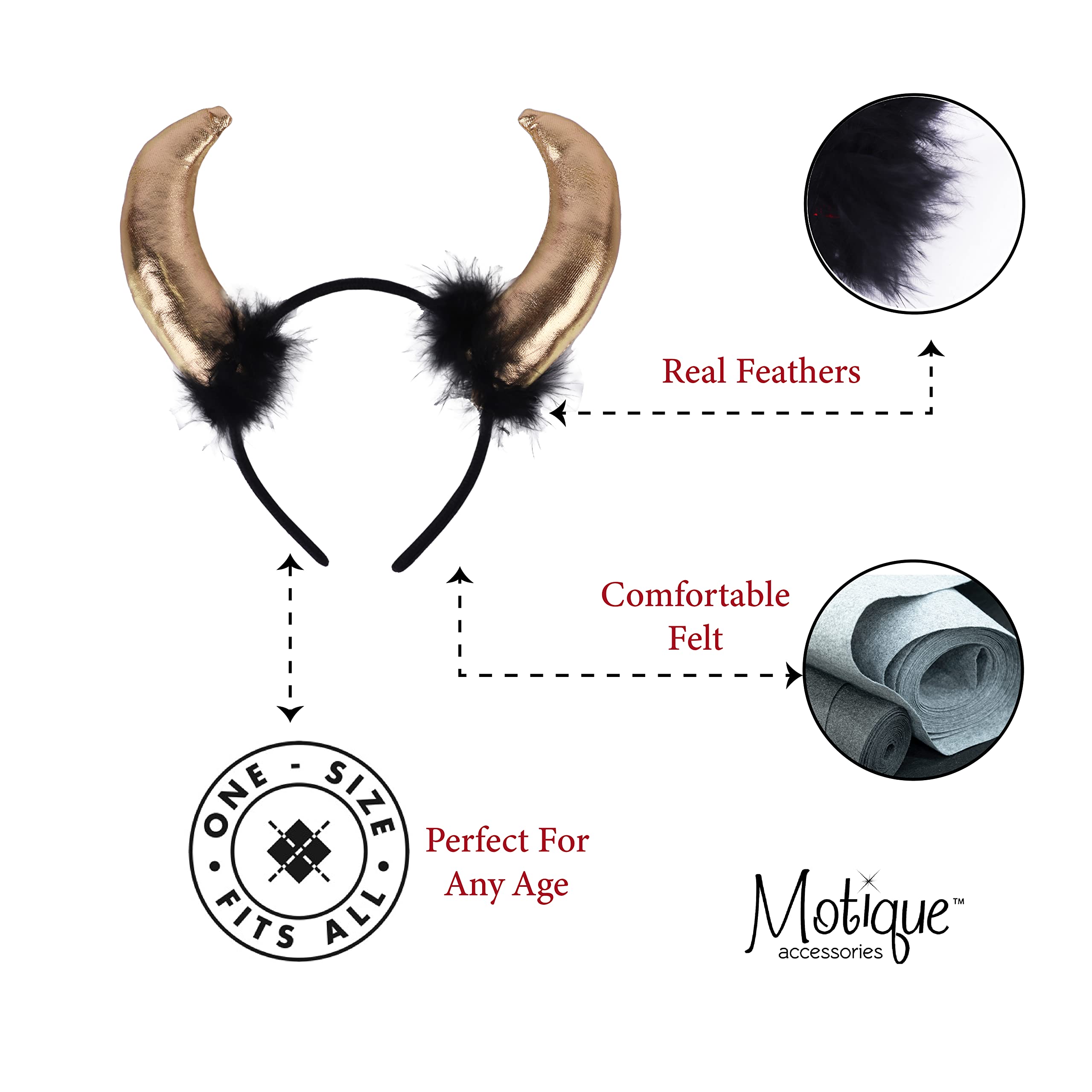 Motique Accessories Gold Horn Headband with Black Fur Devil Horns – For Men, Women & Kids