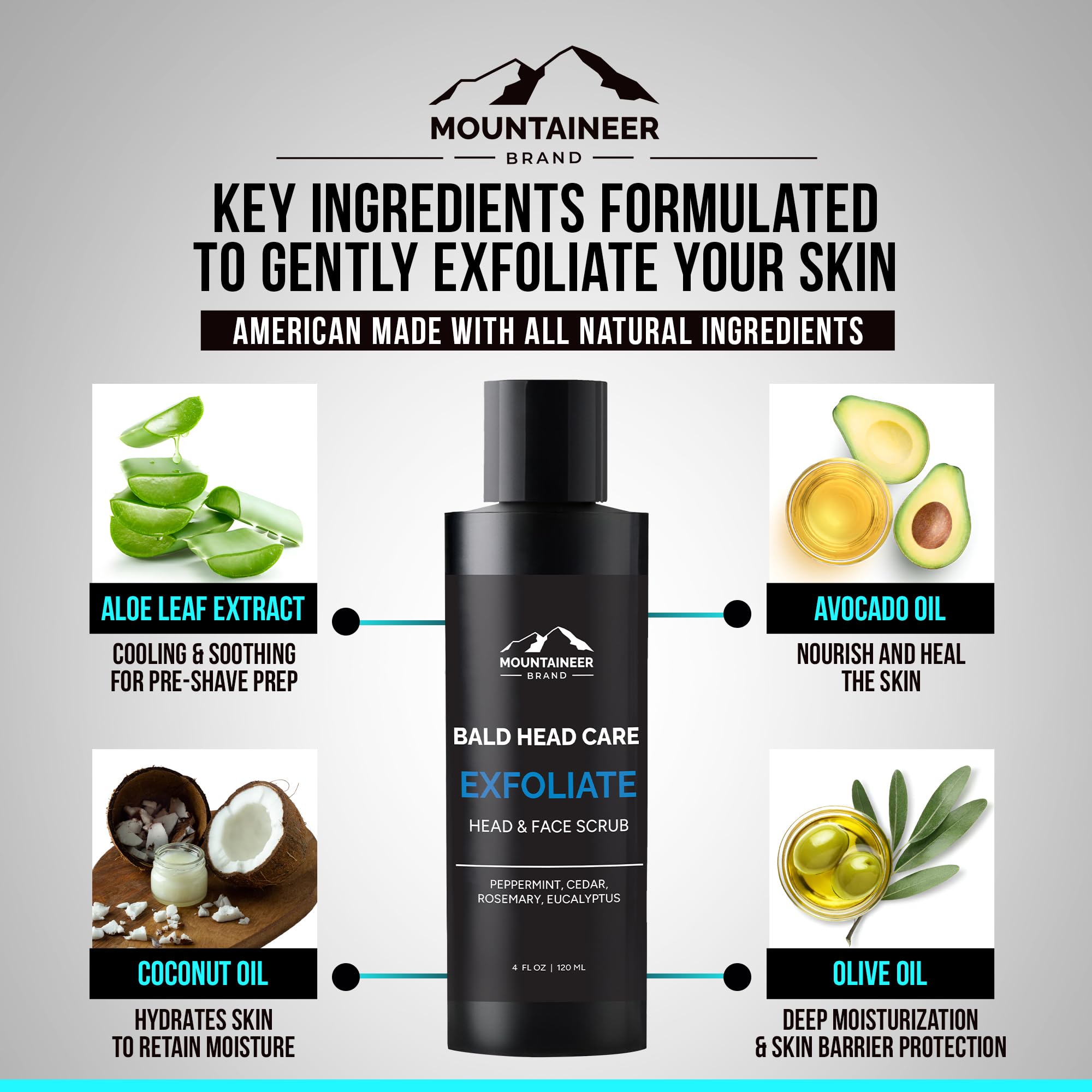 Mountaineer Brand Natural Bald Head Exfoliator – Fresh Scent, Scalp & Face Scrub (4oz) – Made in WV
