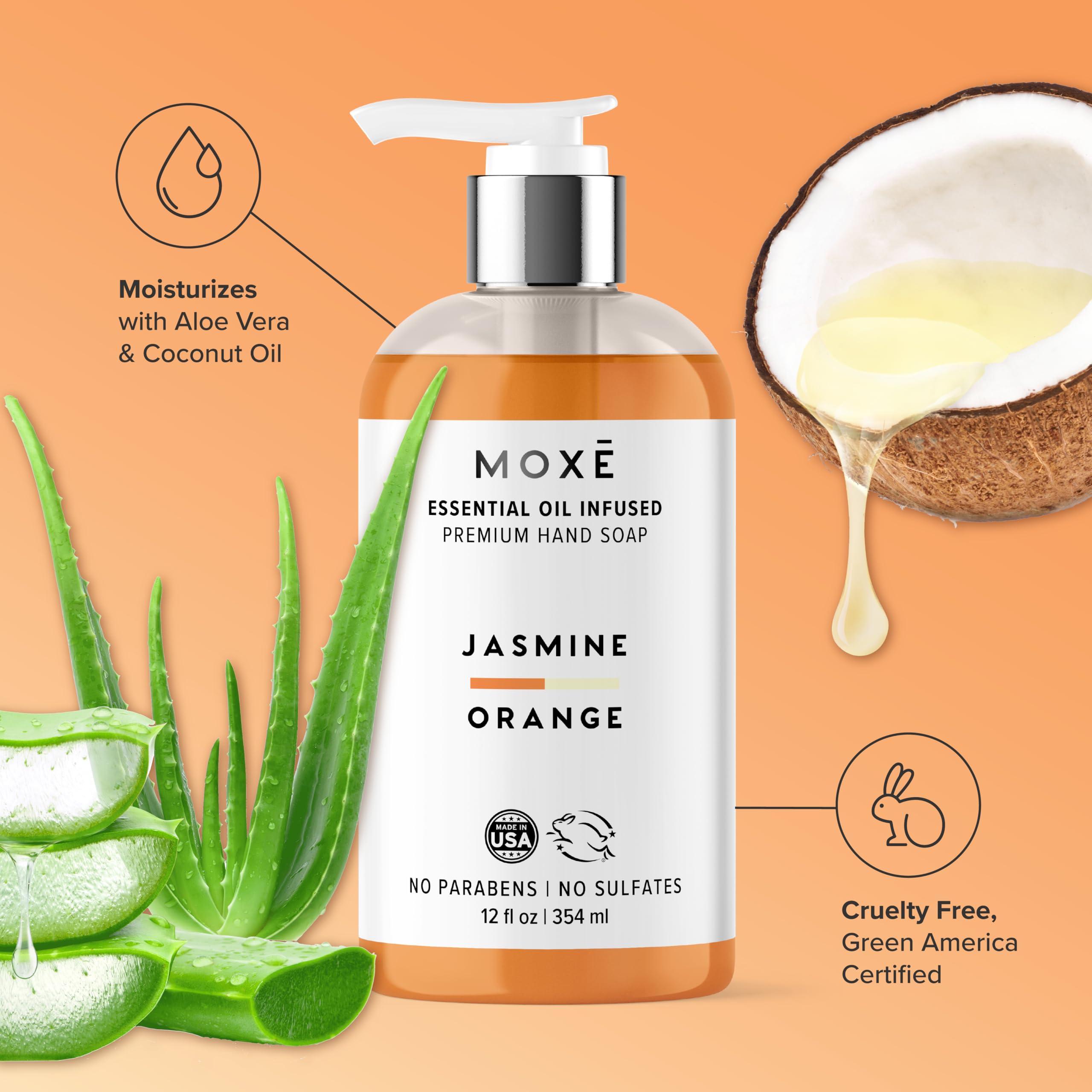 MOXE Natural Hand Wash 3-Pack – Jasmine Orange, Vanilla Honey & Juniper Pear | Plant-Based, Vegan, Sulfate-Free, 12 oz bottles