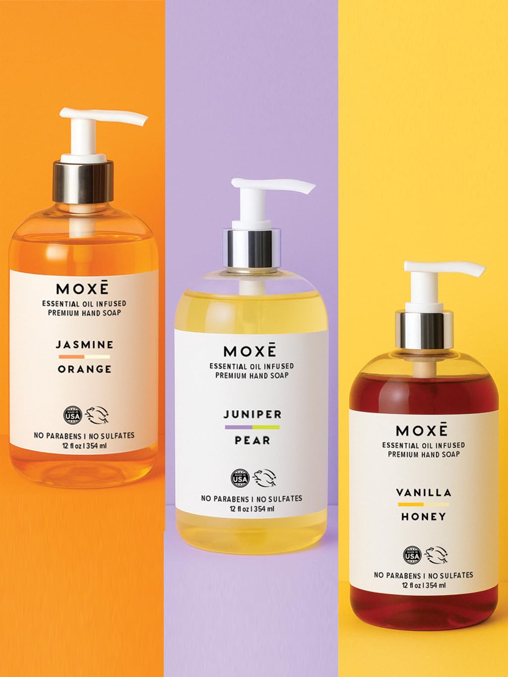 MOXE Natural Hand Wash 3-Pack – Jasmine Orange, Vanilla Honey & Juniper Pear | Plant-Based, Vegan, Sulfate-Free, 12 oz bottles