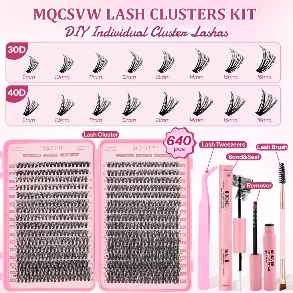 MQCsvw Lash Clusters Kit 640Pcs – 30D/40D Natural Wispy Lashes, 9-16mm, Bond & Seal, Remover, Tweezers