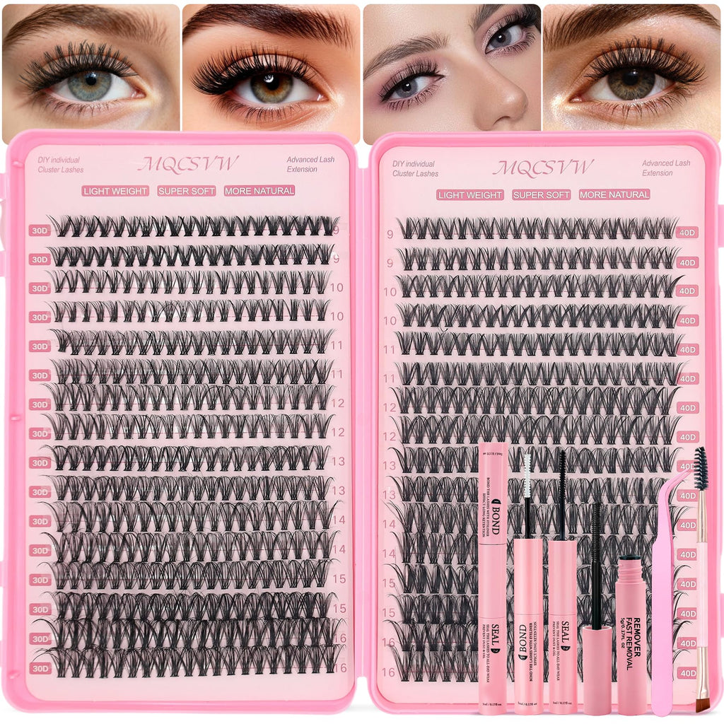 MQCsvw Lash Clusters Kit 640Pcs – 30D/40D Natural Wispy Lashes, 9-16mm, Bond & Seal, Remover, Tweezers