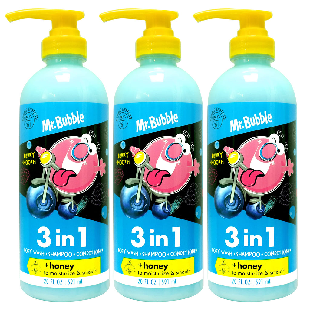 Mr. Bubble Berry Smooth 3-in-1 Body Wash, Shampoo & Conditioner – 3-Pack with Honey Moisturize