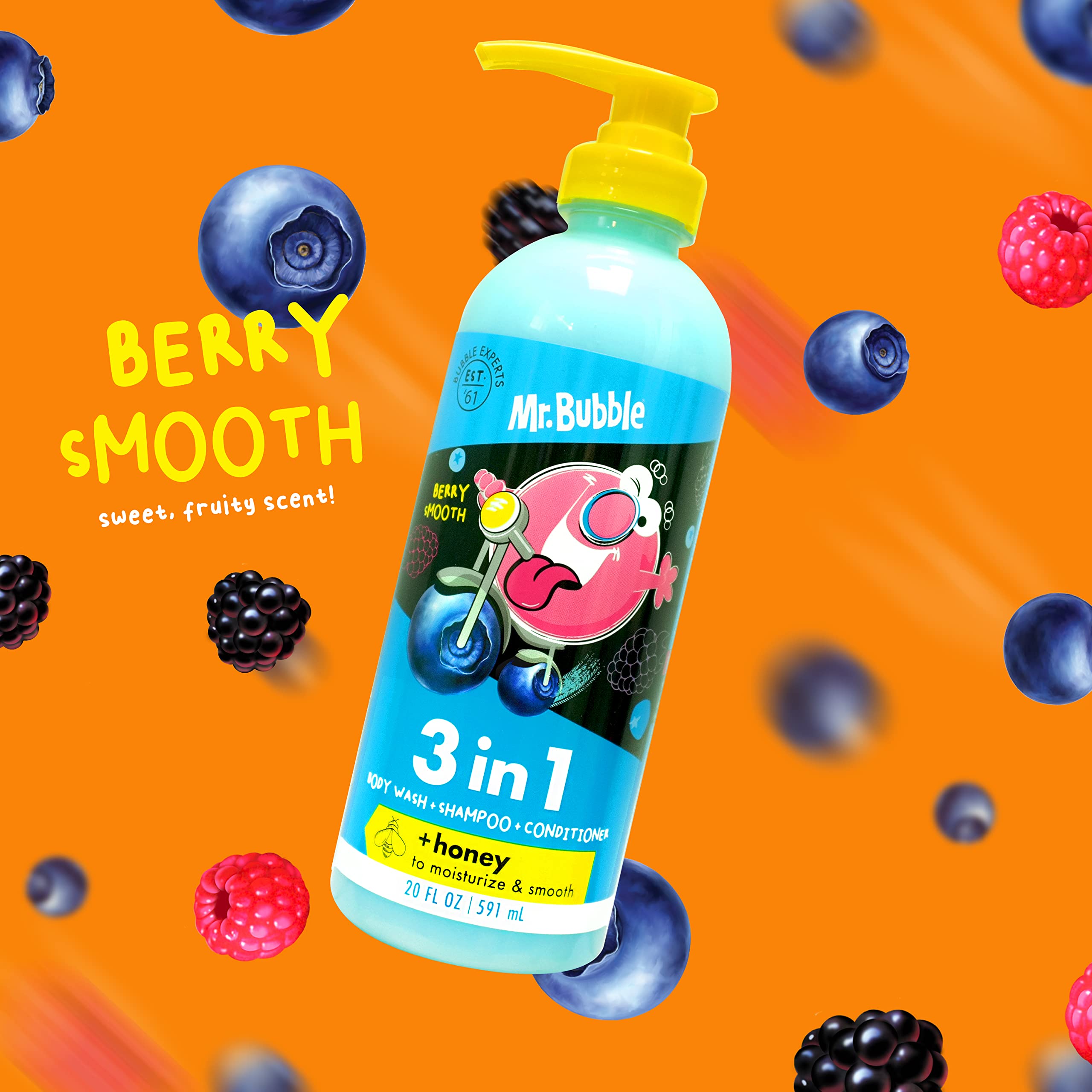 Mr. Bubble Berry Smooth 3-in-1 Body Wash, Shampoo & Conditioner – 3-Pack with Honey Moisturize
