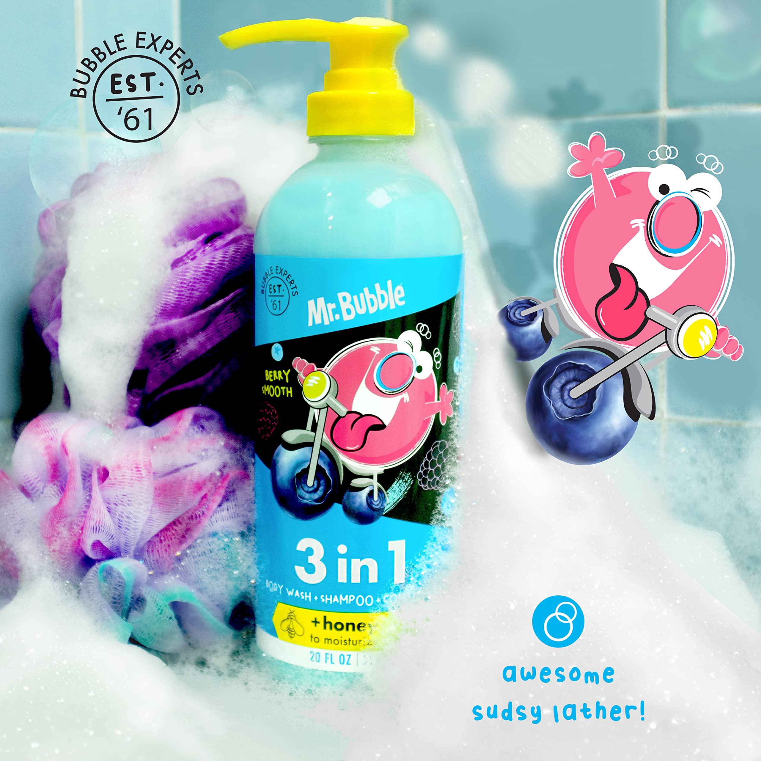 Mr. Bubble Berry Smooth 3-in-1 Body Wash, Shampoo & Conditioner – 3-Pack with Honey Moisturize