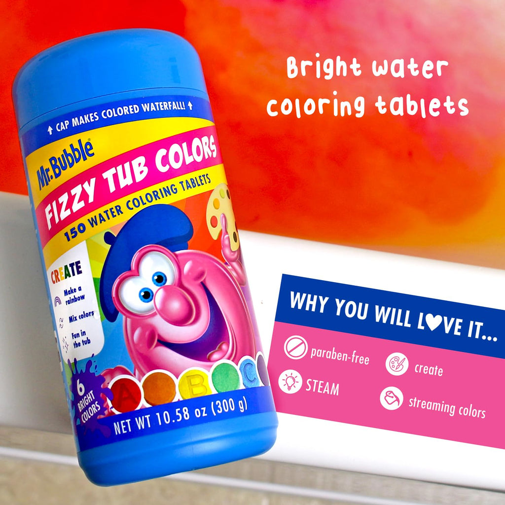 Mr. Bubble Fizzy Tub Colors Bath Tablets — 3 Jars (150 Each), 6 Bright Colors, Fragrance Free