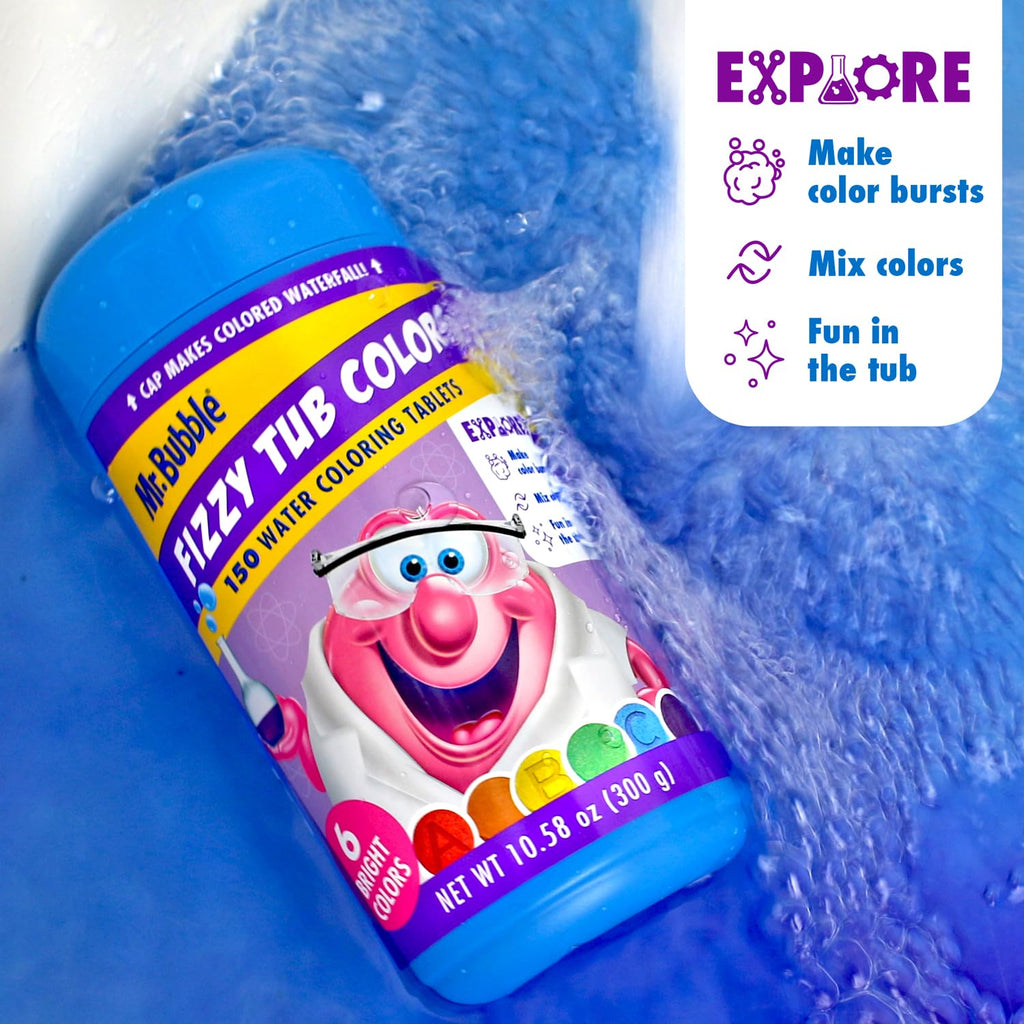 Mr. Bubble Fizzy Tub Colors Bath Tablets — 3 Jars (150 Each), 6 Bright Colors, Fragrance Free
