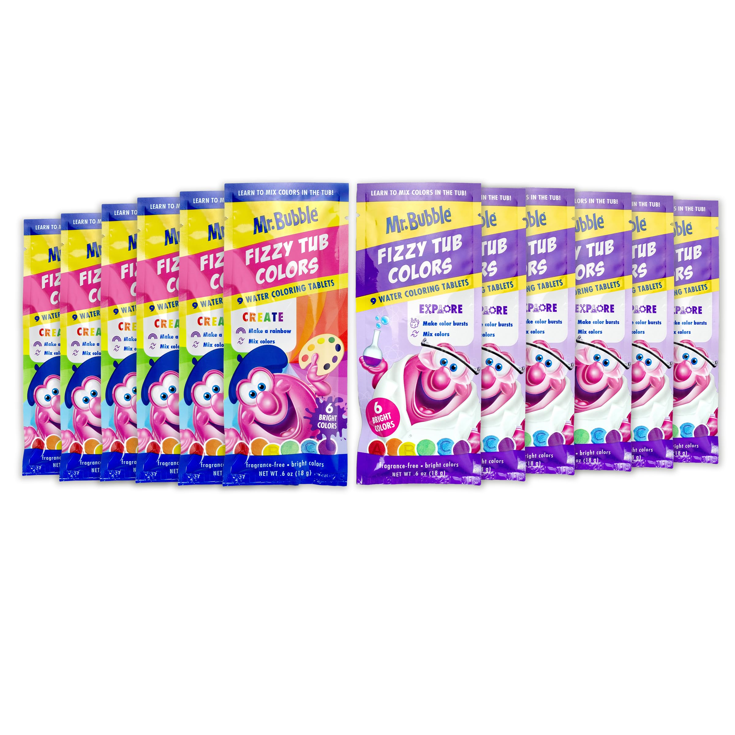 Mr. Bubble Fizzy Tub Colors Bath Tablets – 6 Bright Colors, Fragrance Free (12 Packets, 9 Tablets Each)
