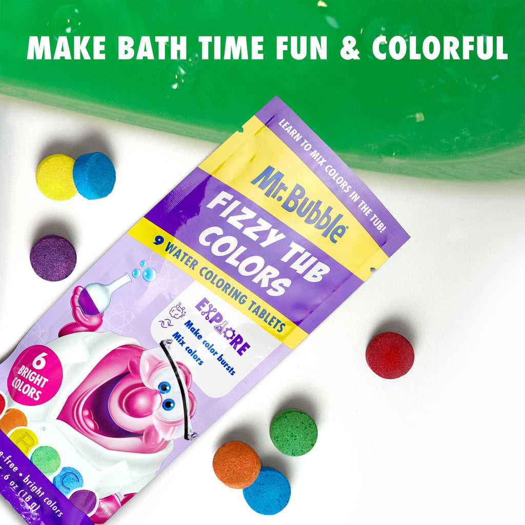 Mr. Bubble Fizzy Tub Colors Bath Tablets – 6 Bright Colors, Fragrance Free (12 Packets, 9 Tablets Each)