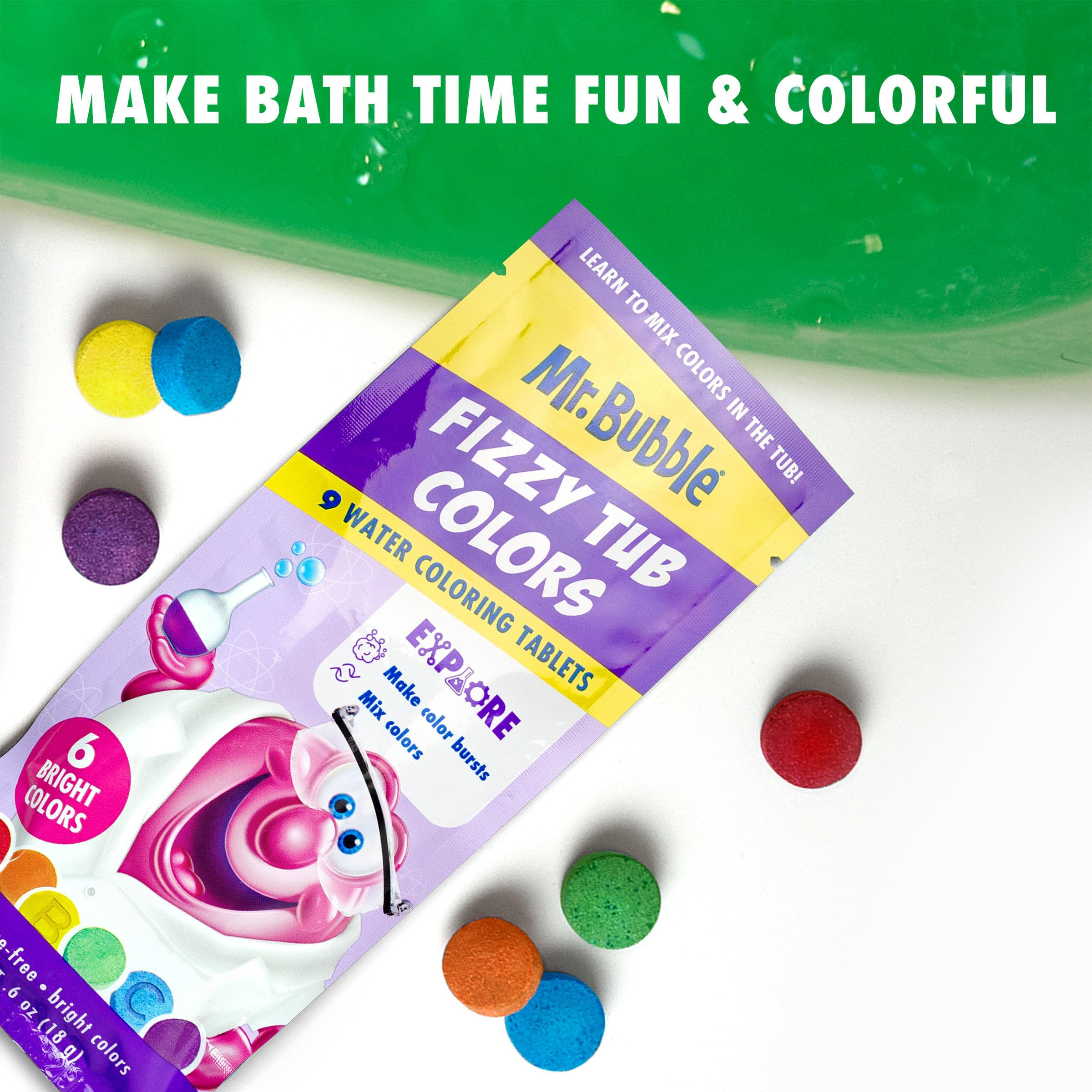 Mr. Bubble Fizzy Tub Colors Bath Tablets – 6 Bright Colors, Fragrance Free (12 Packets, 9 Tablets Each)