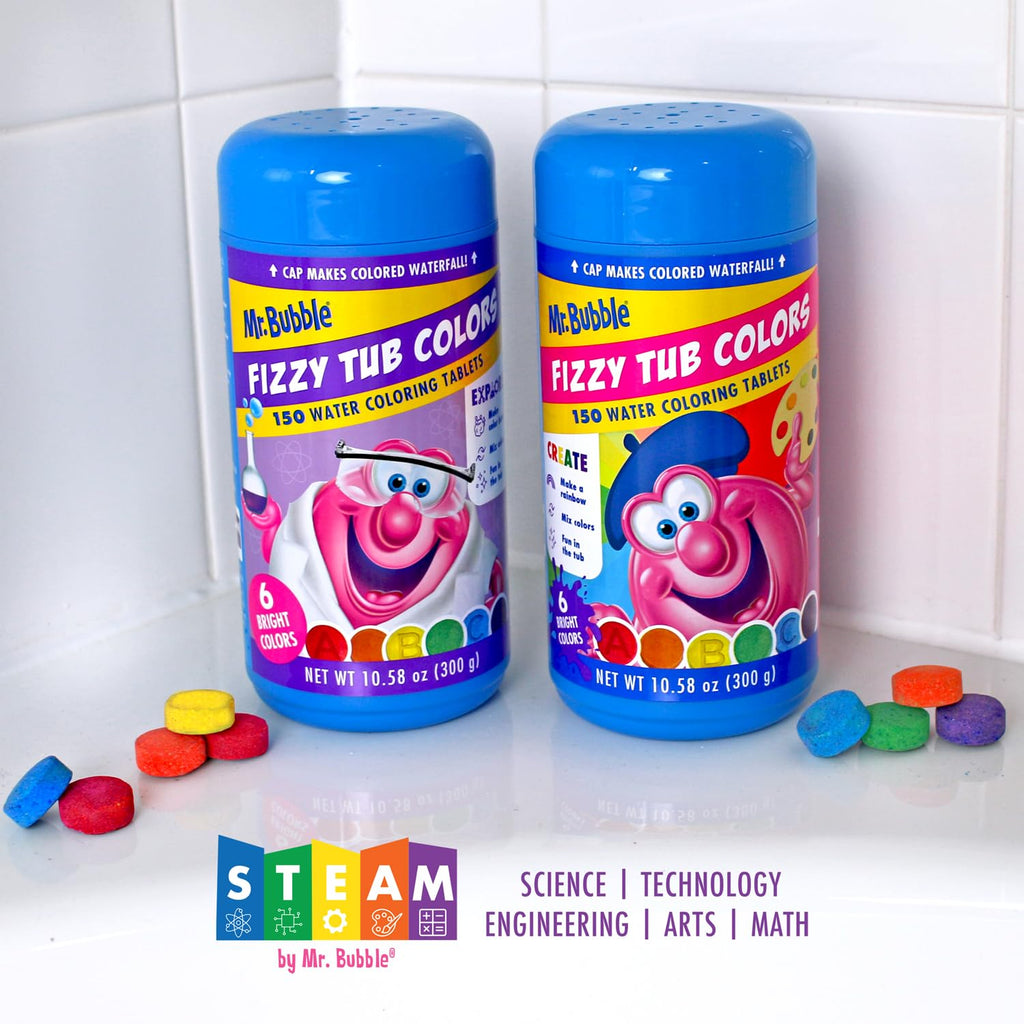 Mr. Bubble Fizzy Tub Colors Bath Tablets — 3 Jars (150 Each), 6 Bright Colors, Fragrance Free