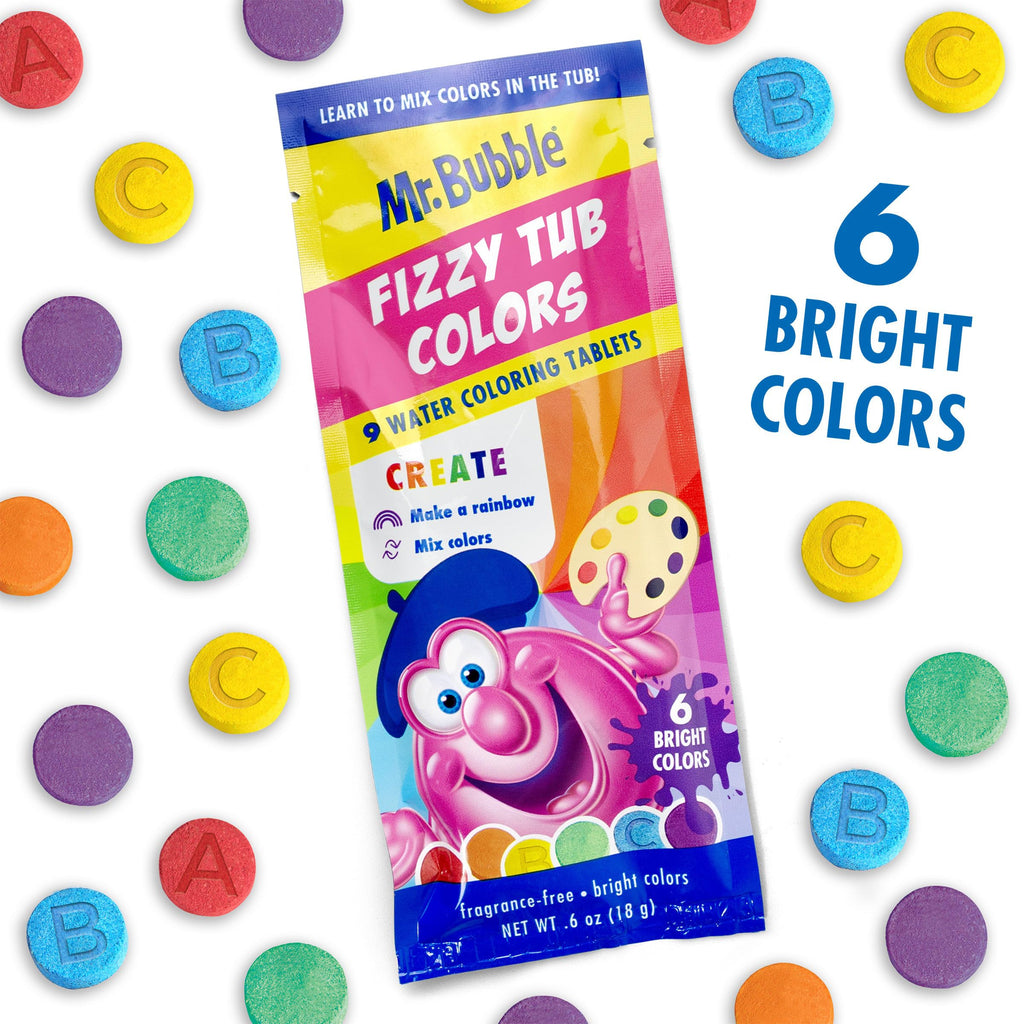 Mr. Bubble Fizzy Tub Colors Bath Tablets – 6 Bright Colors, Fragrance Free (12 Packets, 9 Tablets Each)