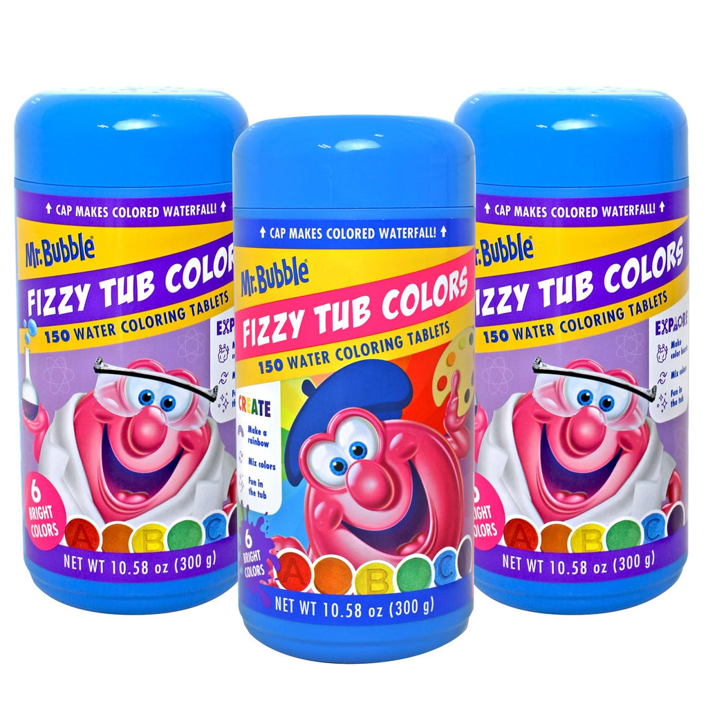 Mr. Bubble Fizzy Tub Colors Bath Tablets — 3 Jars (150 Each), 6 Bright Colors, Fragrance Free