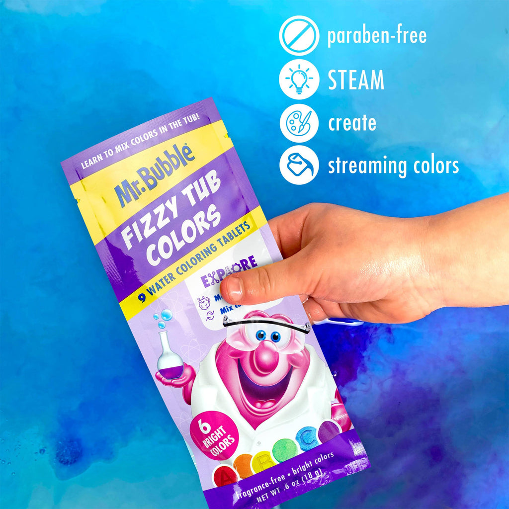 Mr. Bubble Fizzy Tub Colors Bath Tablets – 6 Bright Colors, Fragrance Free (12 Packets, 9 Tablets Each)