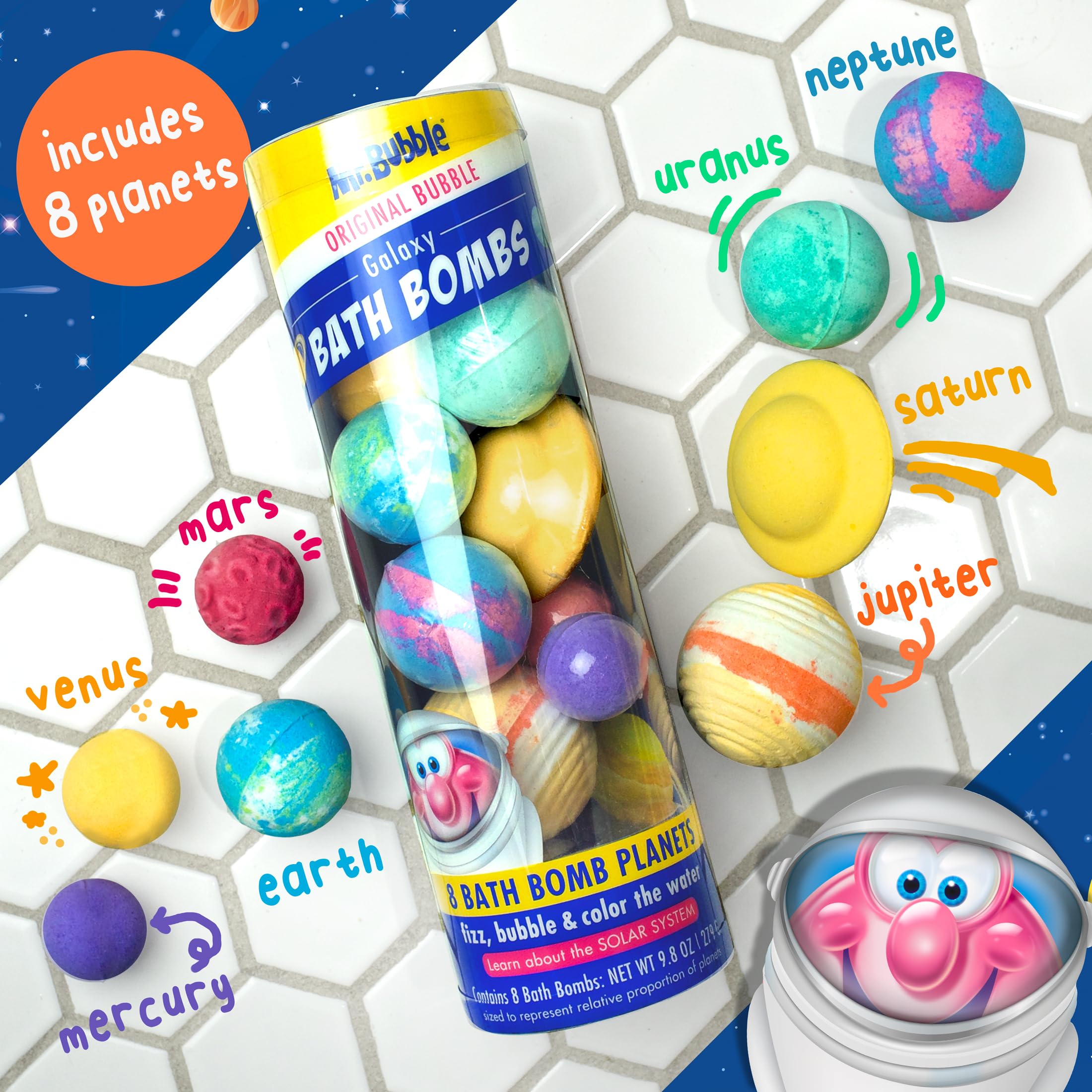 Mr. Bubble Galaxy Bath Bombs – 8 Planet-Themed Bubbles, Bubble Gum Scent