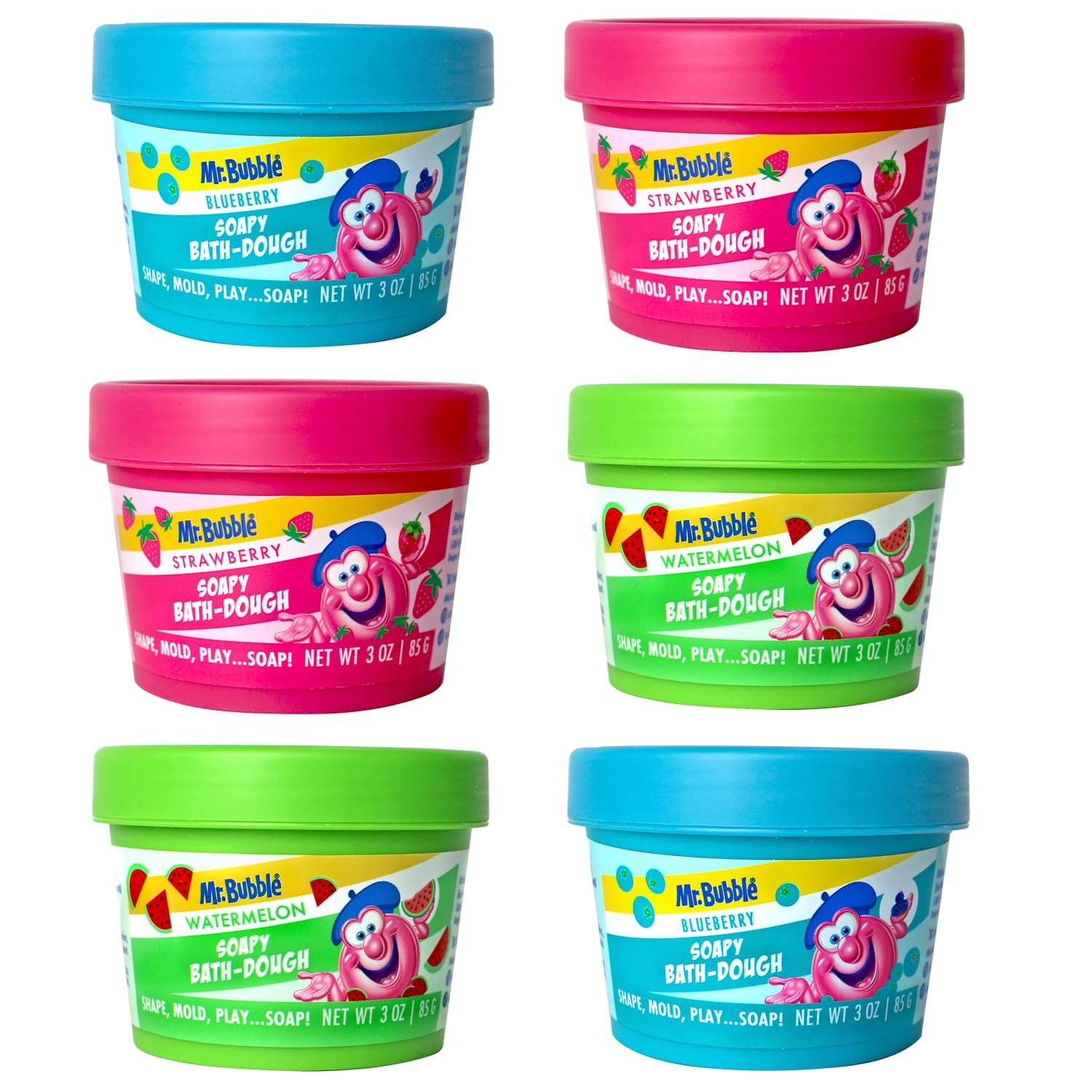 Mr. Bubble Soapy Bath Dough — 6-Pack with 3 Colors & Scents (Strawberry, Watermelon, Blueberry)