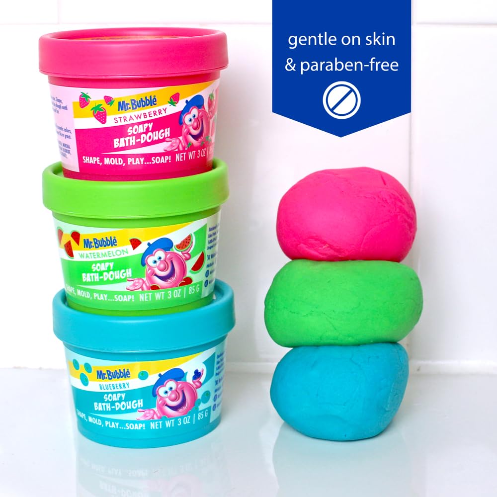 Mr. Bubble Soapy Bath Dough — 6-Pack with 3 Colors & Scents (Strawberry, Watermelon, Blueberry)