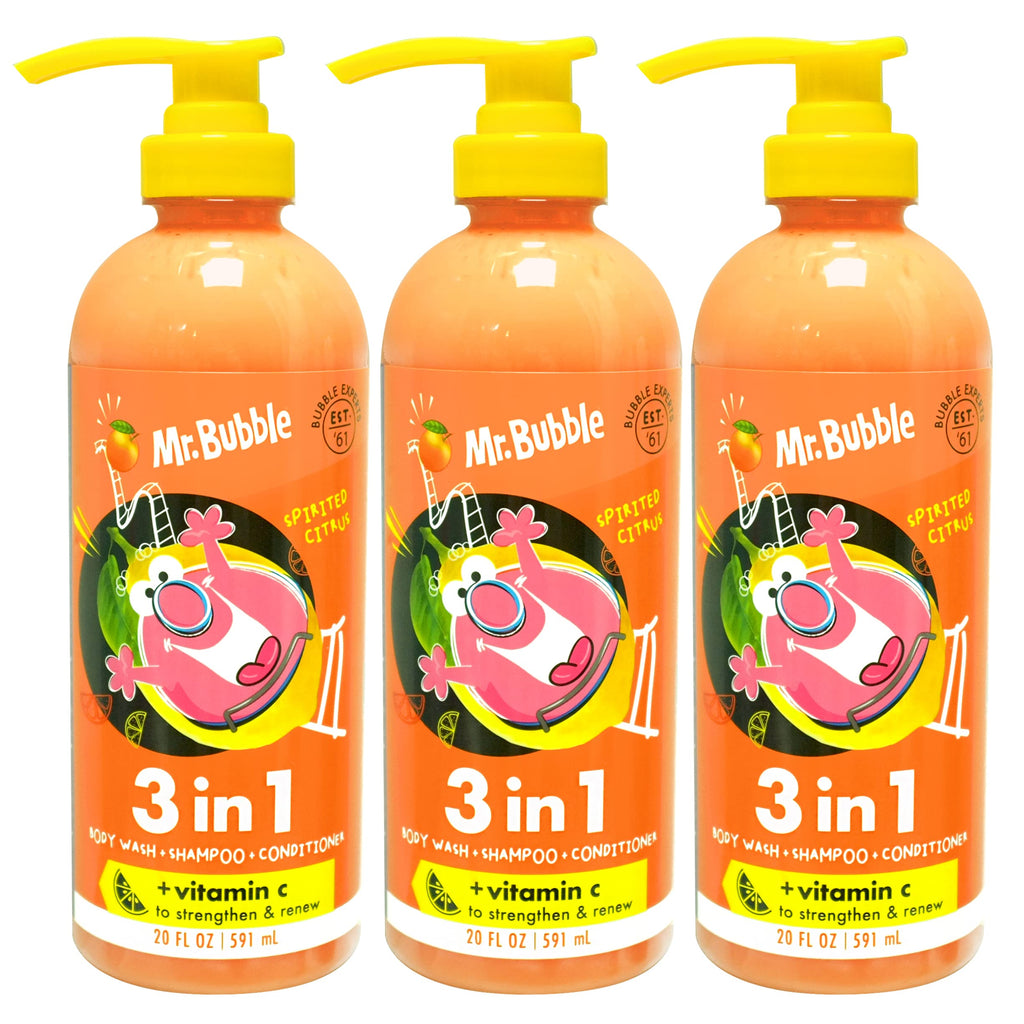 Mr. Bubble Spirited Citrus 3-in-1 Body Wash, Shampoo & Conditioner | Vitamin C Strengthen & Renew 3-Pack