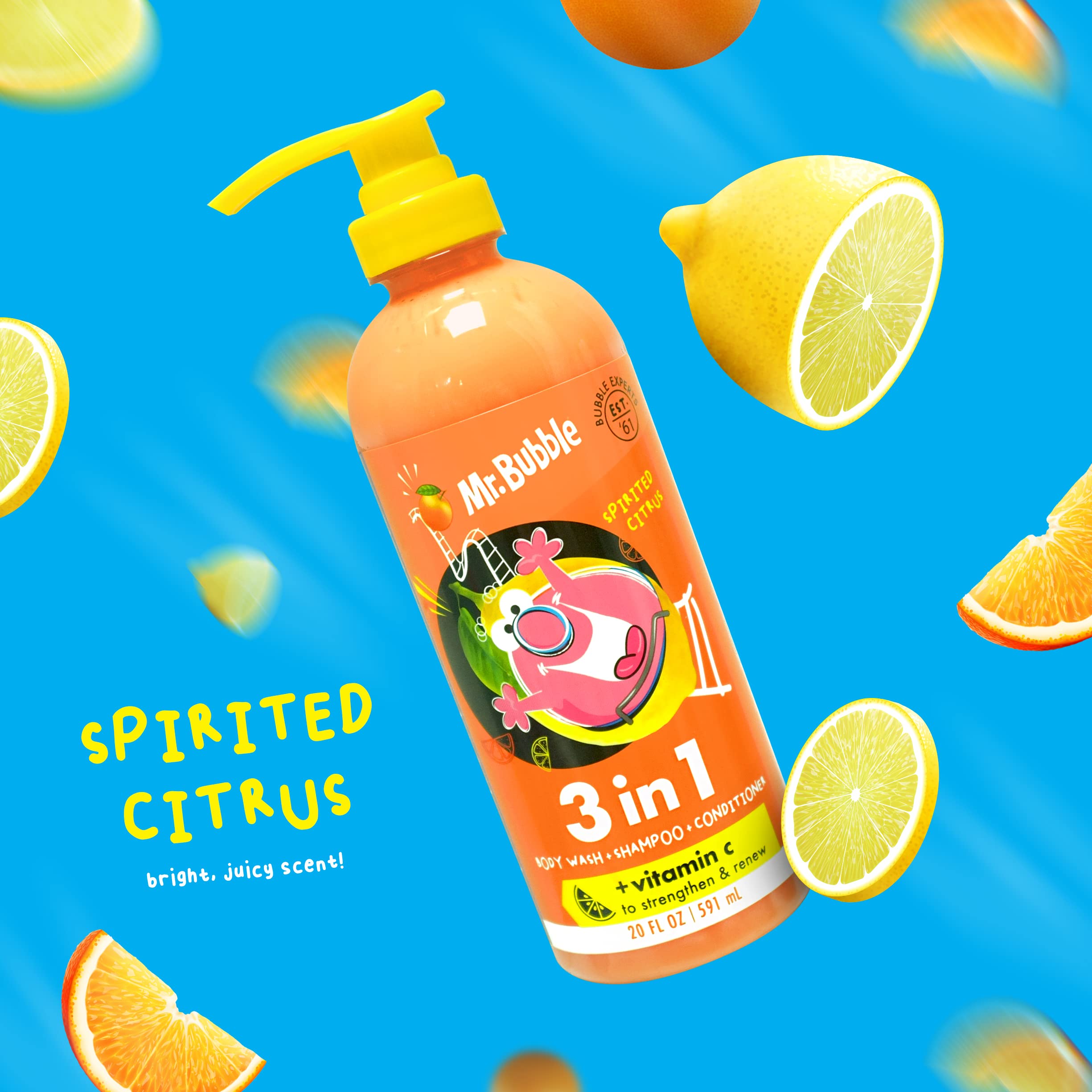 Mr. Bubble Spirited Citrus 3-in-1 Body Wash, Shampoo & Conditioner | Vitamin C Strengthen & Renew 3-Pack
