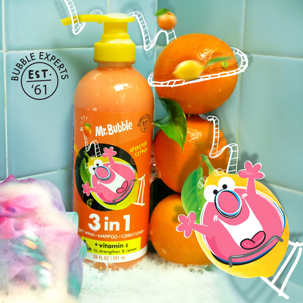 Mr. Bubble Spirited Citrus 3-in-1 Body Wash, Shampoo & Conditioner | Vitamin C Strengthen & Renew 3-Pack