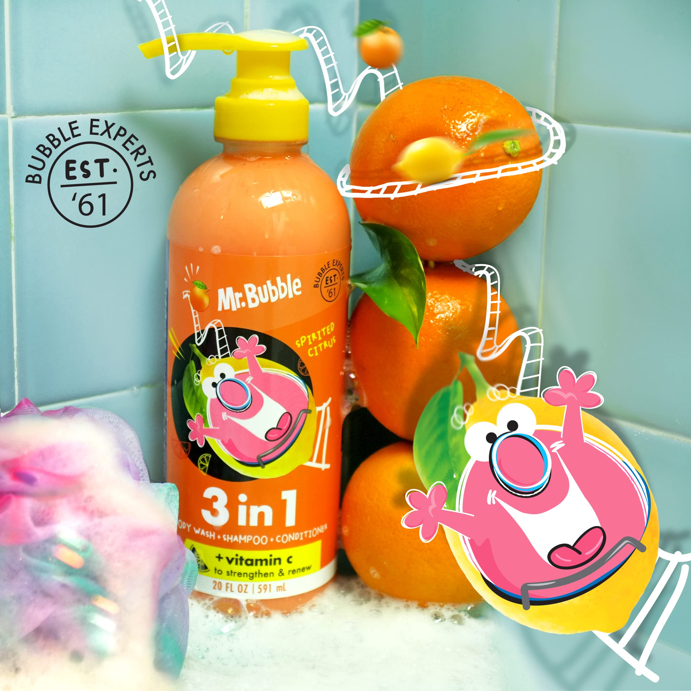 Mr. Bubble Spirited Citrus 3-in-1 Body Wash, Shampoo & Conditioner | Vitamin C Strengthen & Renew 3-Pack