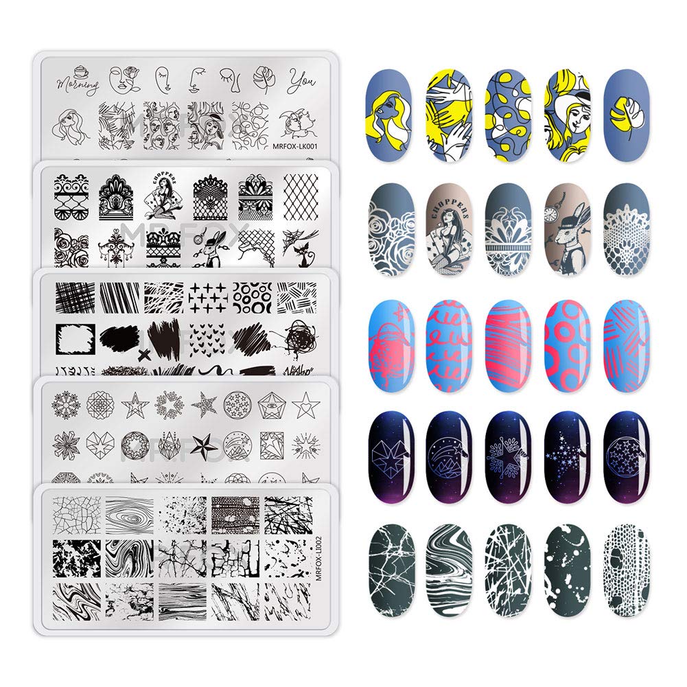 MR.FOX Nail Print Board Set – Graffiti Star, Marble, Bark & Lace Pattern Stamping Plates