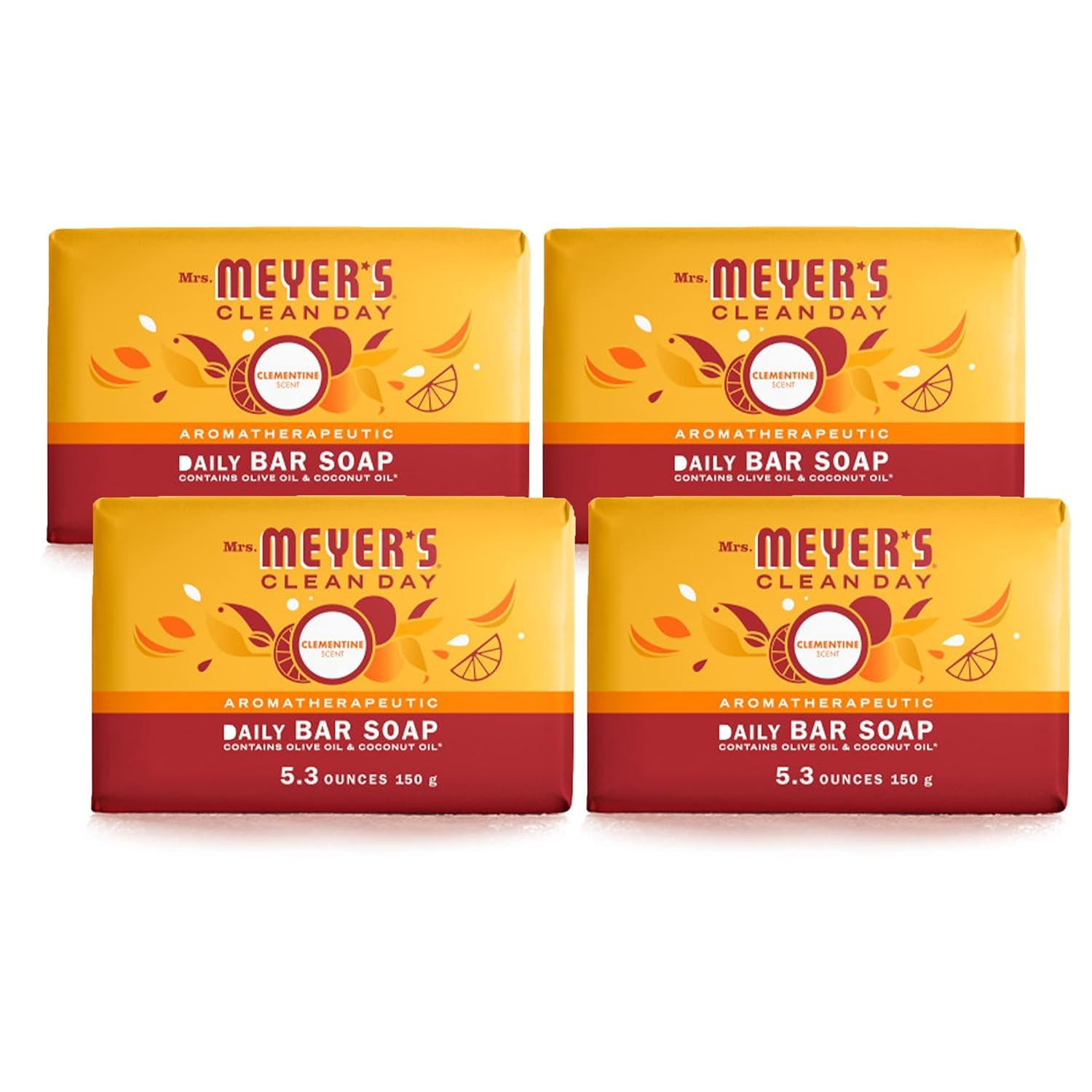 MRS. MEYER'S CLEAN DAY Bar Soap — Clementine Scent, 5.3 oz, 4 Bars | Body & Hand Soap