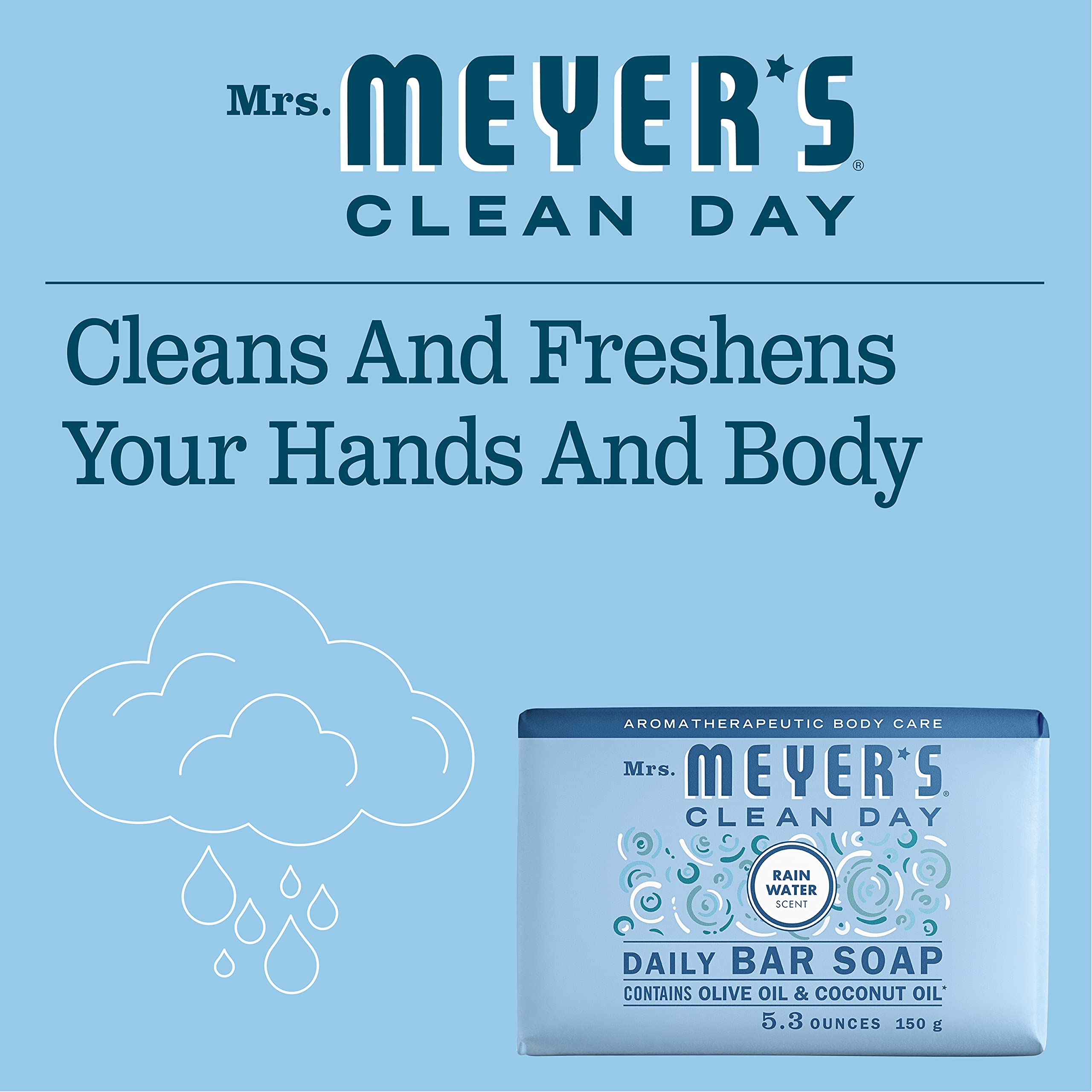 MRS. MEYER'S CLEAN DAY Bar Soap – Rain Water Scent, 4 Bars, Body & Hand Wash