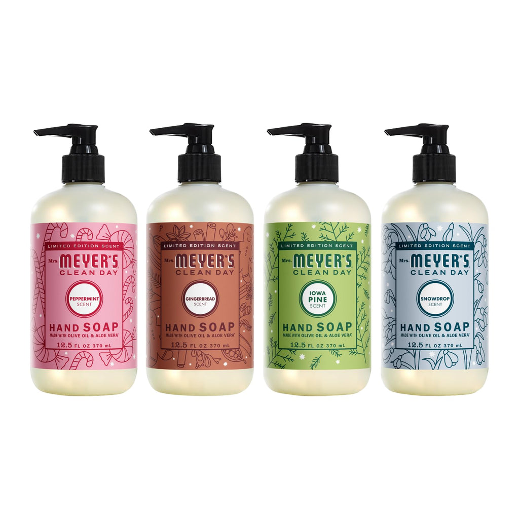 Mrs. Meyer's Clean Day Hand Soap Variet (4 Count) Gingerbread + Iowa Pine + Peppermint + Snow Drop