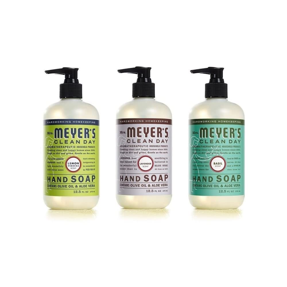 Mrs. Meyer's Clean Day Liquid Hand Soap 3 Scent Variety Pack – Lemon Verbena, Lavender & Basil