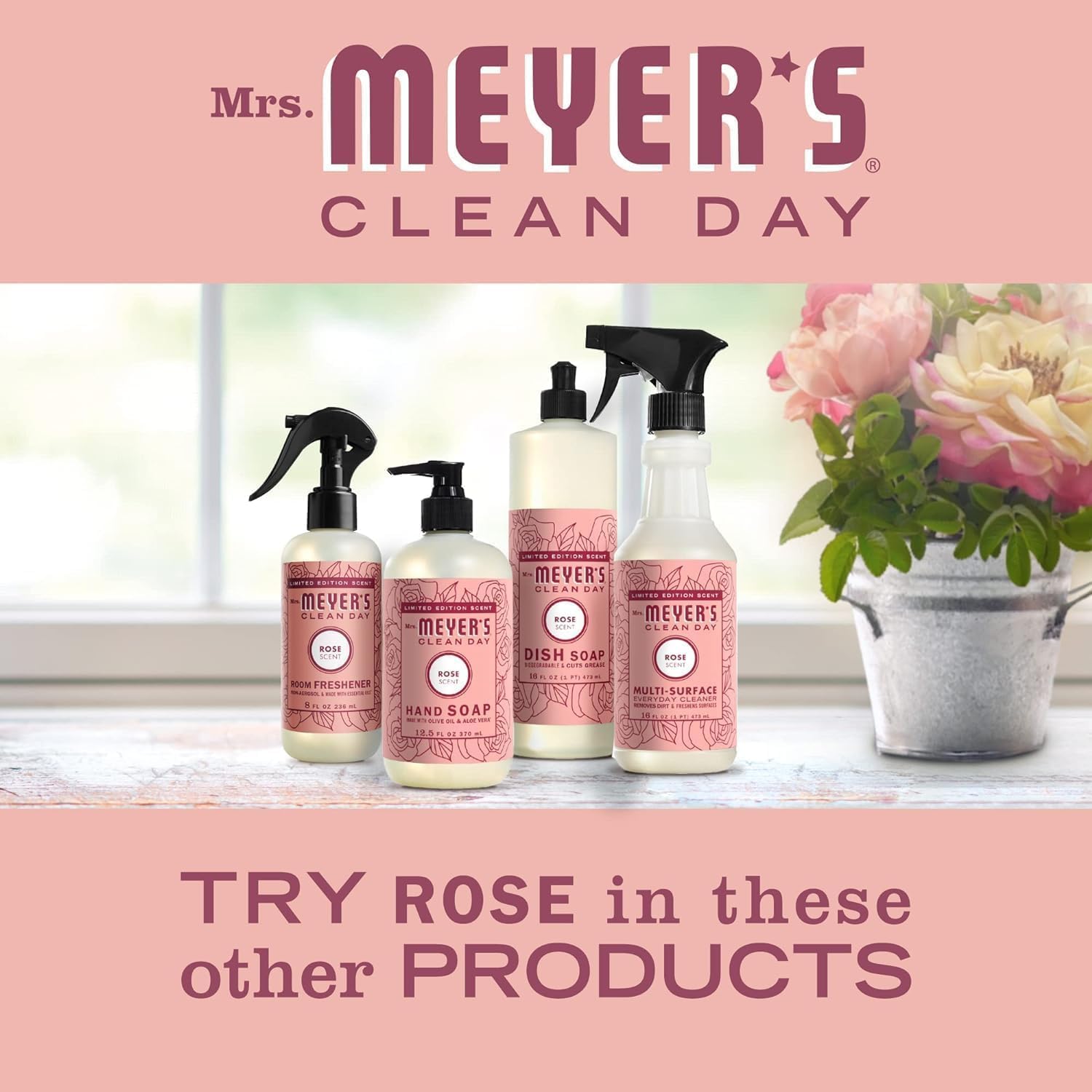 Mrs. Meyer's Clean Day Rose Hand & Dish Soap Duo — 12.5 oz Hand, 16 oz Dish | Leaping Bunny Certified