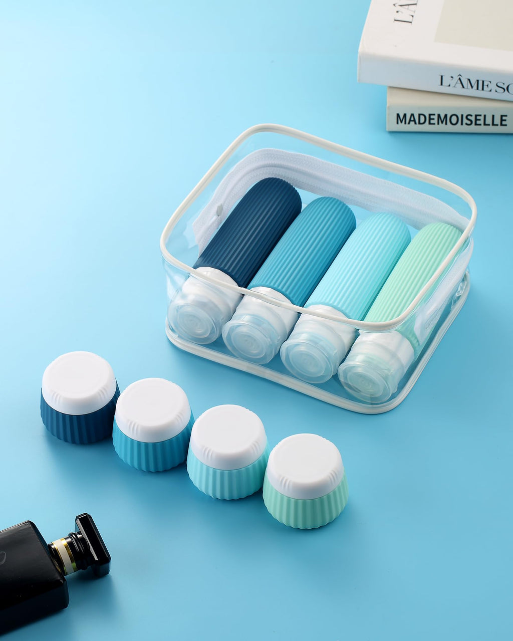 Mrsdry Travel Bottles for Toiletries – 8 Pack TSA-Approved 3oz Squeeze Bottles & 1oz Cream Jars with Clear Bag