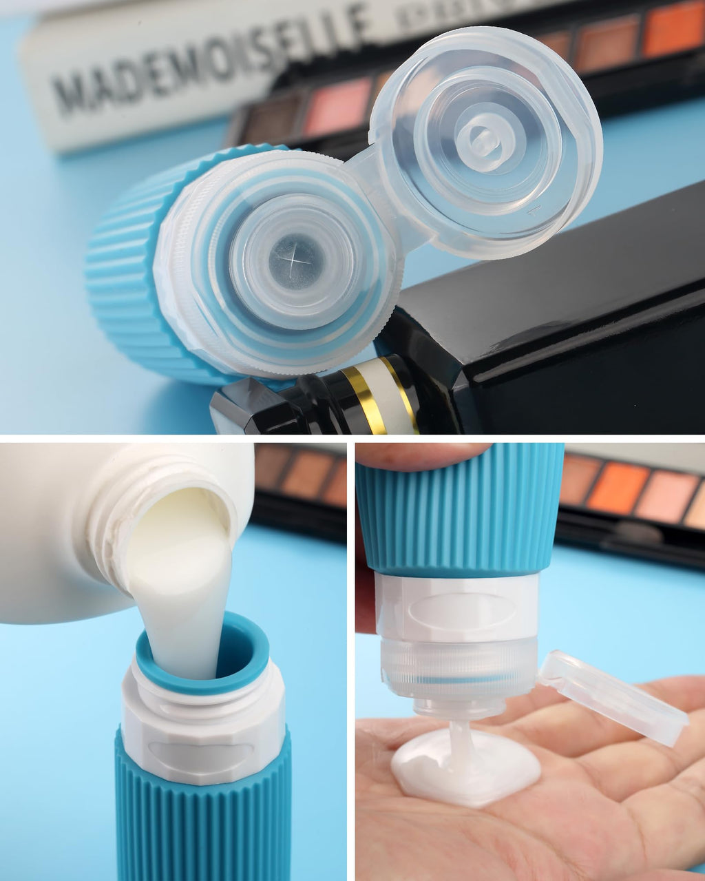 Mrsdry Travel Bottles for Toiletries – 8 Pack TSA-Approved 3oz Squeeze Bottles & 1oz Cream Jars with Clear Bag