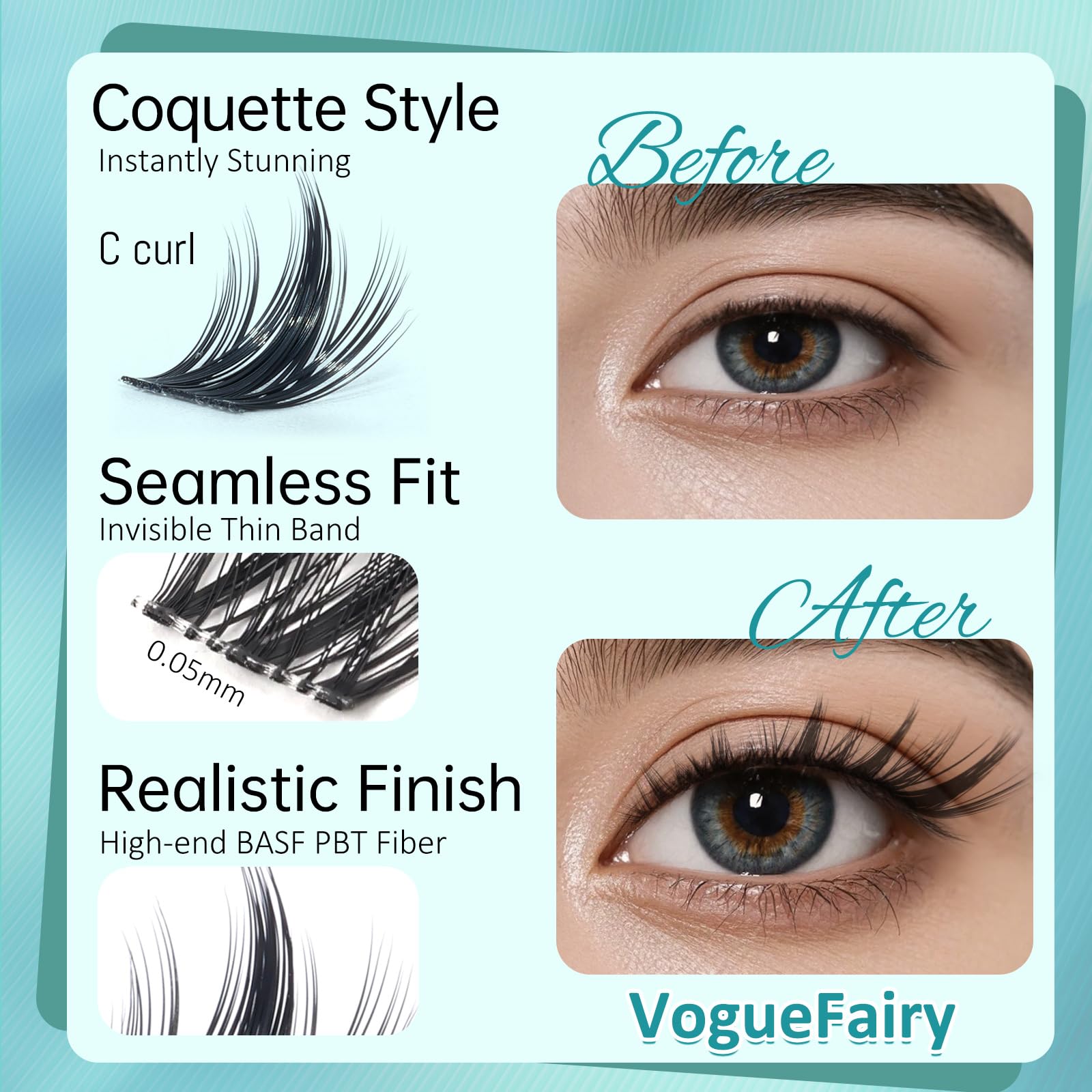 MSCICI VogueFairy.05 Manga Lashes Clusters – 8-16mm C Curl, Wispy, Invisible Band, DIY Wet-Look
