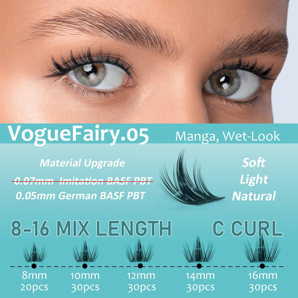 MSCICI VogueFairy.05 Manga Lashes Clusters – 8-16mm C Curl, Wispy, Invisible Band, DIY Wet-Look
