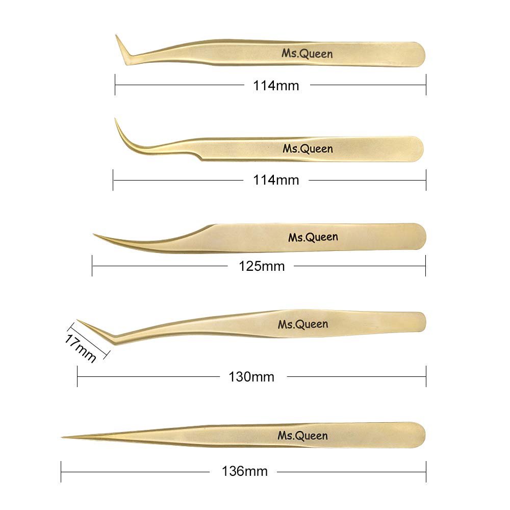 Ms.Queen Golden Eyelash Extension Tweezers Set - Precision for Volume and Individual Lashes (5-Piece)