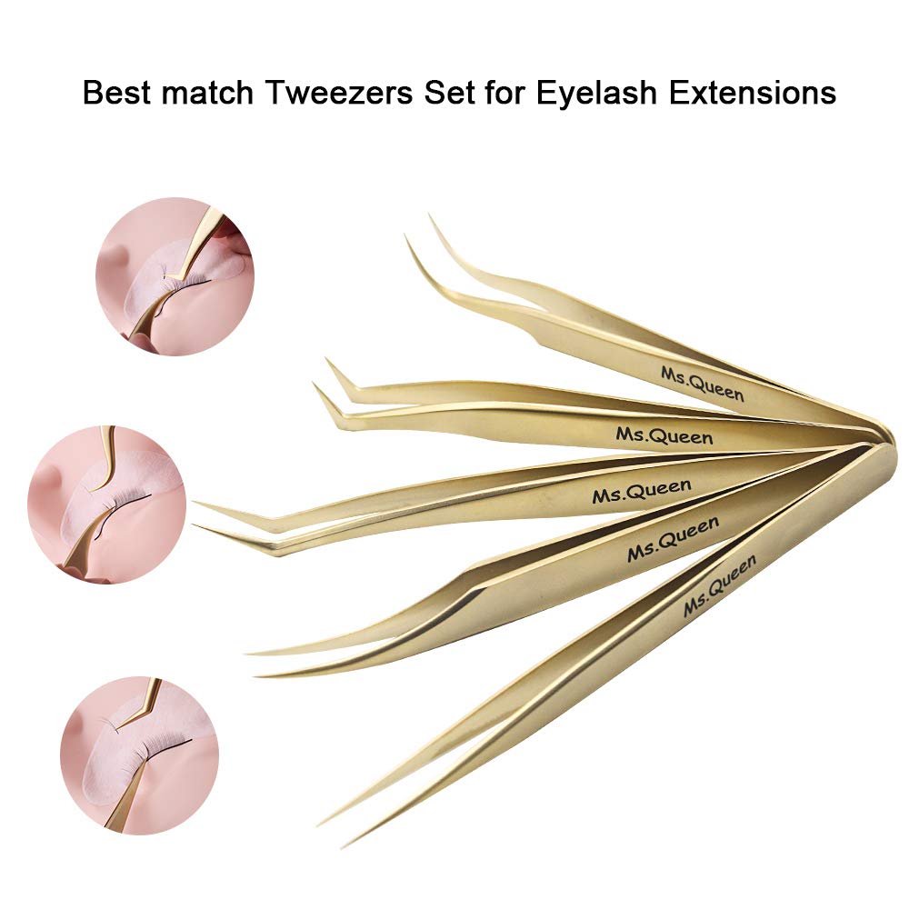 Ms.Queen Golden Eyelash Extension Tweezers Set - Precision for Volume and Individual Lashes (5-Piece)