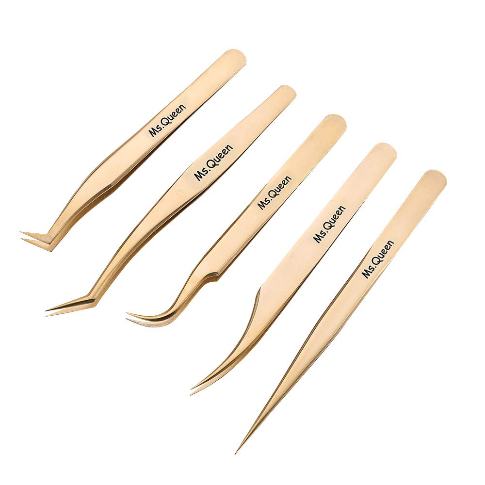 Ms.Queen Golden Eyelash Extension Tweezers Set - Precision for Volume and Individual Lashes (5-Piece)
