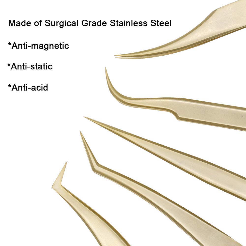 Ms.Queen Golden Eyelash Extension Tweezers Set - Precision for Volume and Individual Lashes (5-Piece)