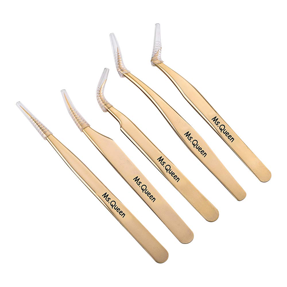 Ms.Queen Golden Eyelash Extension Tweezers Set - Precision for Volume and Individual Lashes (5-Piece)