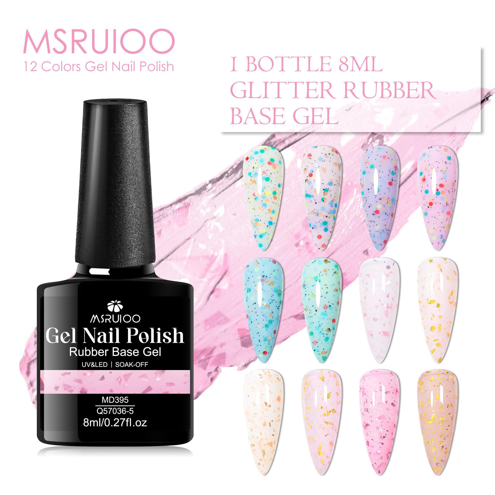 MSRUIOO Yogurt Gel Nail Polish + Rubber Builder Gel – 12 Color Glitter Rubber Base Set