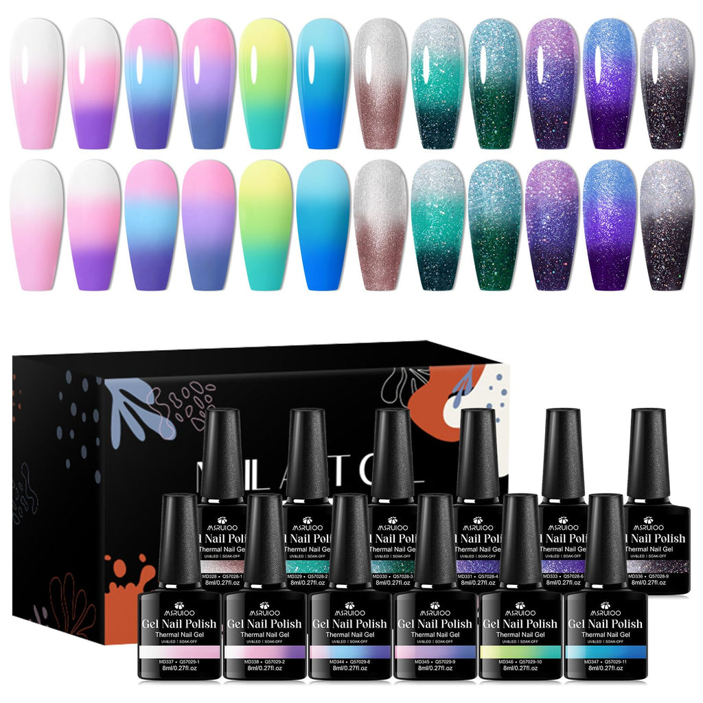 MSRUIOO Color Changing Gel Nail Polish Set – 12 Mood Colors, Glitter UV/LED, Soak Off 8ml