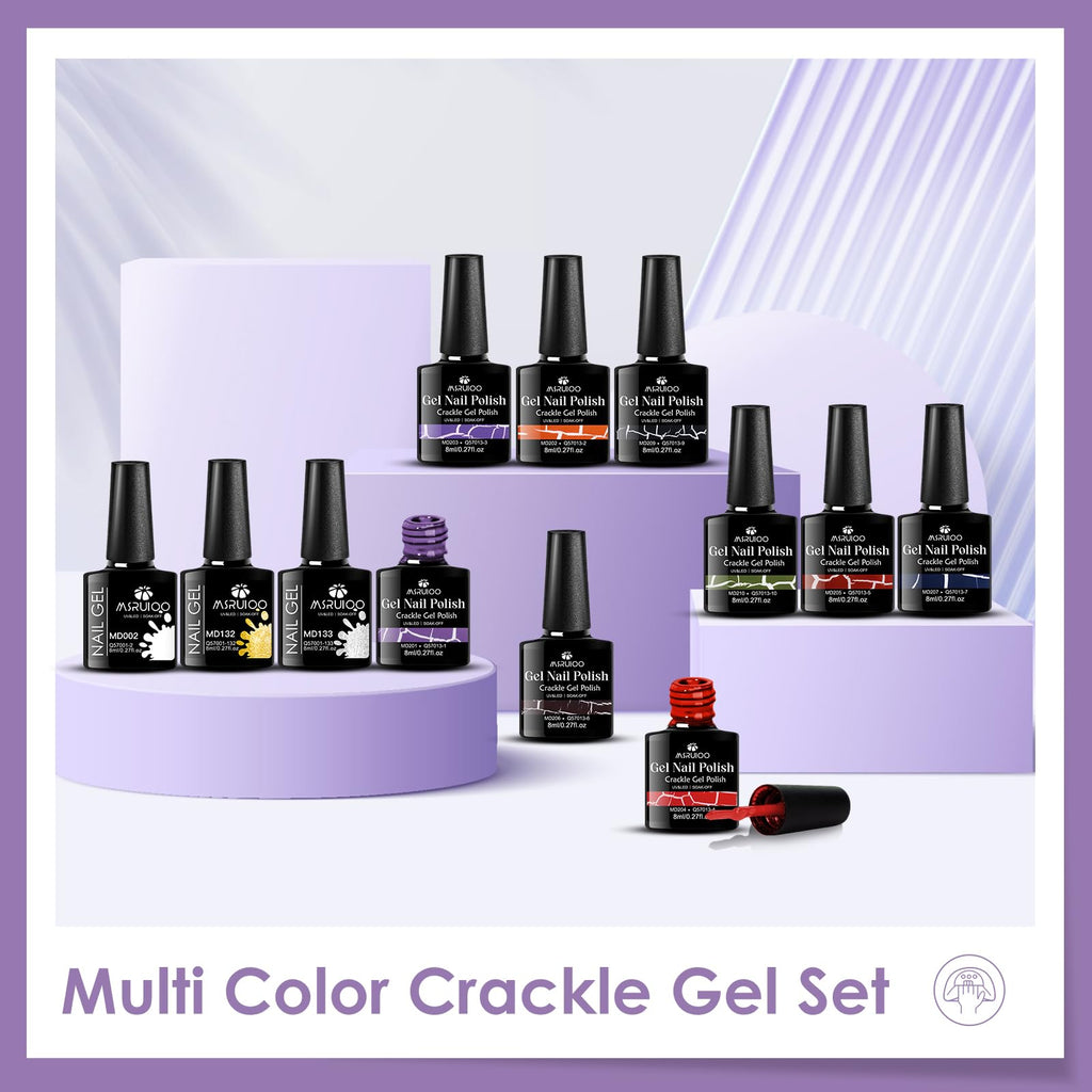 MSRUIOO Crackle Gel Nail Polish Set – 9 Crackle Colors + White, Gold & Silver | Air Dry, UV Lamp Needed