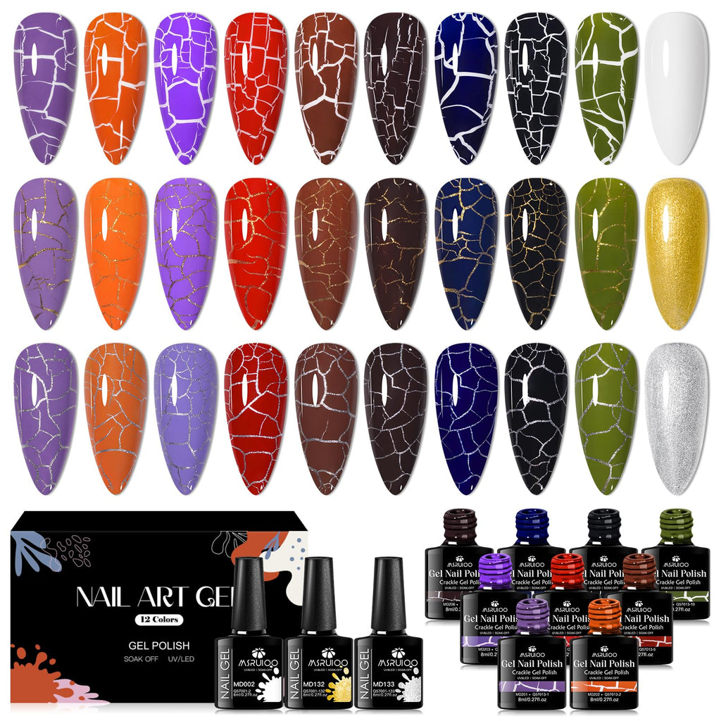 MSRUIOO Crackle Gel Nail Polish Set – 9 Crackle Colors + White, Gold & Silver | Air Dry, UV Lamp Needed