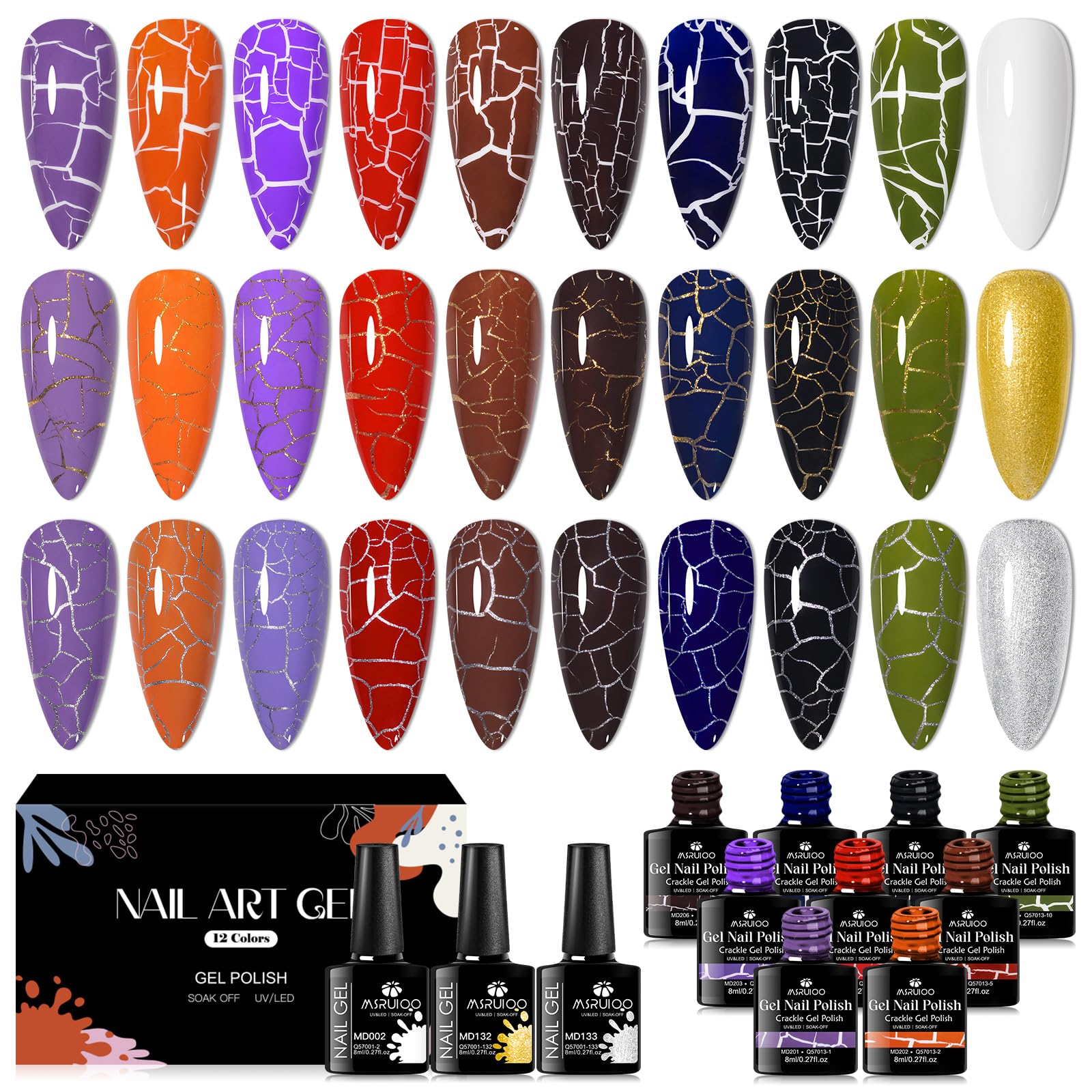 MSRUIOO Crackle Gel Nail Polish Set – 9 Crackle Colors + White, Gold & Silver | Air Dry, UV Lamp Needed