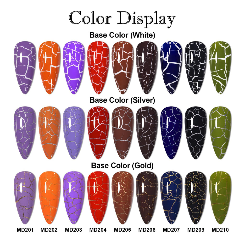 MSRUIOO Crackle Gel Nail Polish Set – 9 Crackle Colors + White, Gold & Silver | Air Dry, UV Lamp Needed