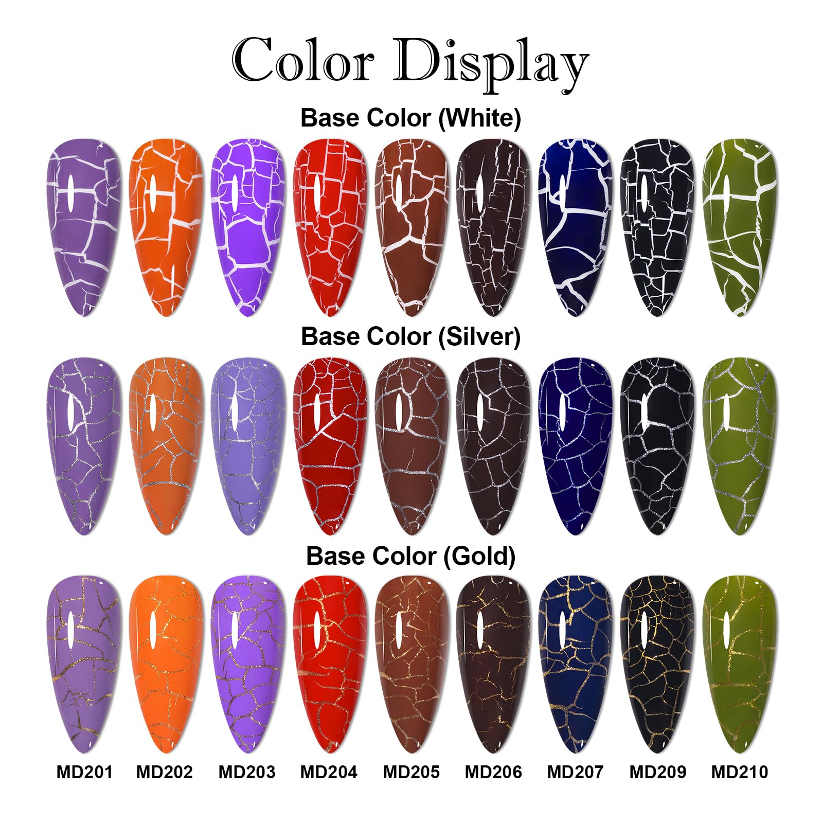 MSRUIOO Crackle Gel Nail Polish Set – 9 Crackle Colors + White, Gold & Silver | Air Dry, UV Lamp Needed